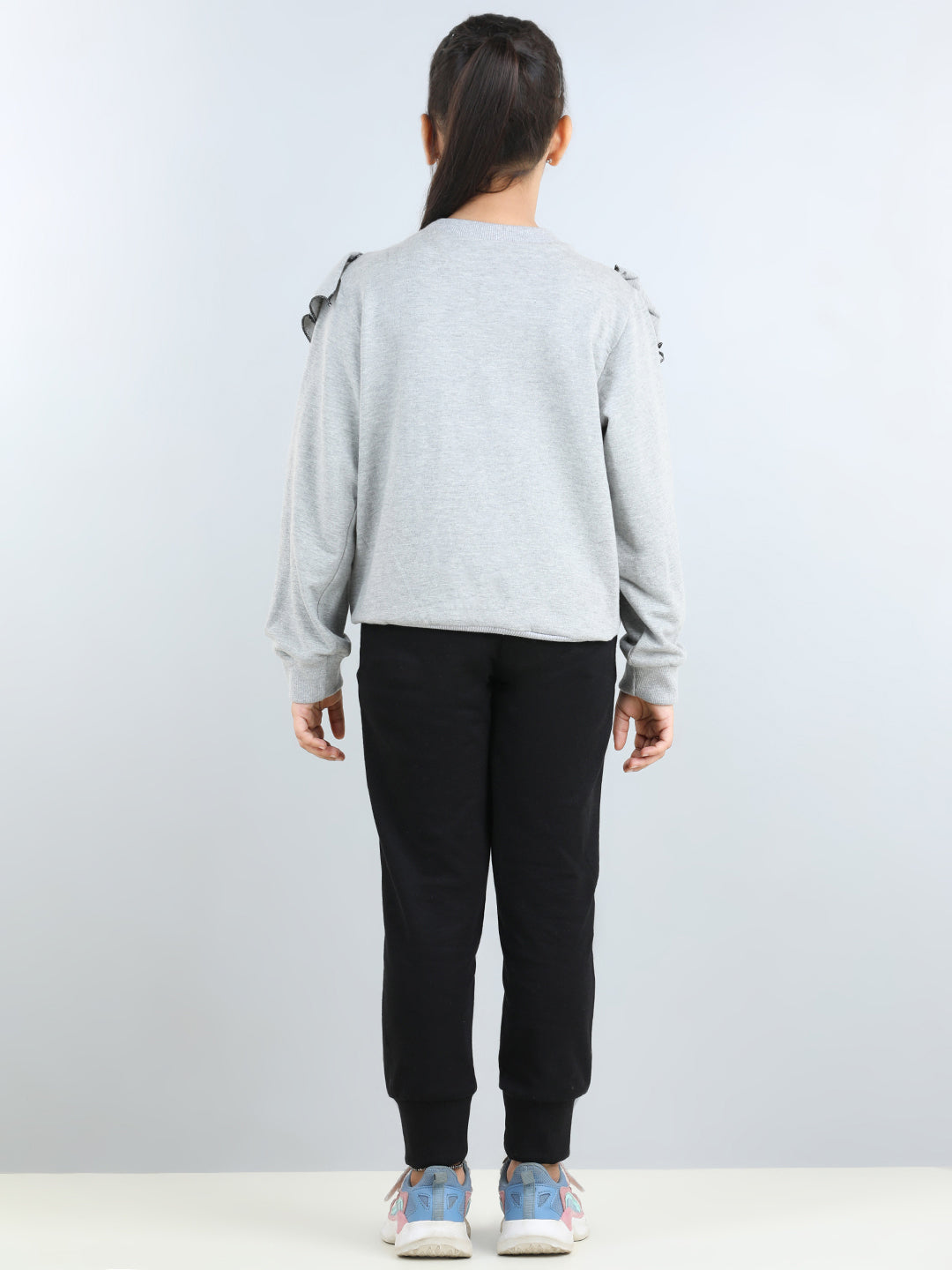 Full Sleeves Frill Detailed & Lace Embellished Autumn Winter Wear Sweatshirt With Side Pockets Lower
