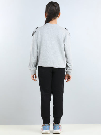Full Sleeves Frill Detailed & Lace Embellished Autumn Winter Wear Sweatshirt With Side Pockets Lower