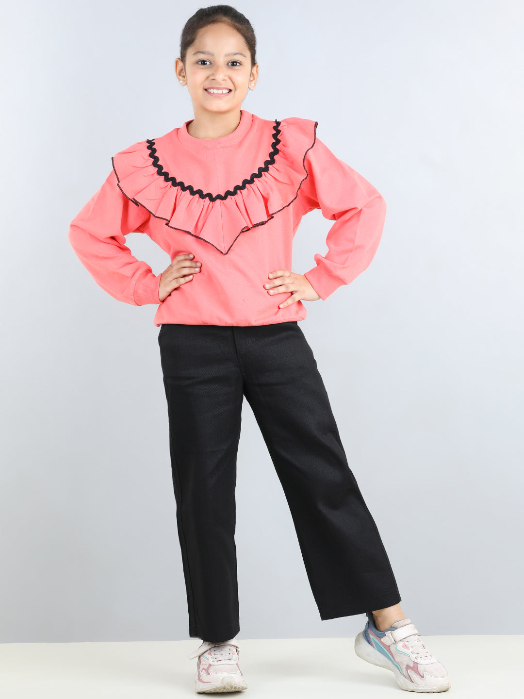 Full Sleeves Frill Detailed & Lace Embellished Autumn Winter Wear Sweatshirt With Side Pockets Lower