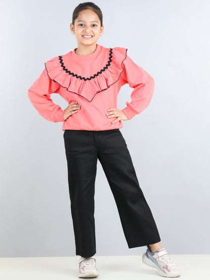 Full Sleeves Frill Detailed & Lace Embellished Autumn Winter Wear Sweatshirt With Side Pockets Lower