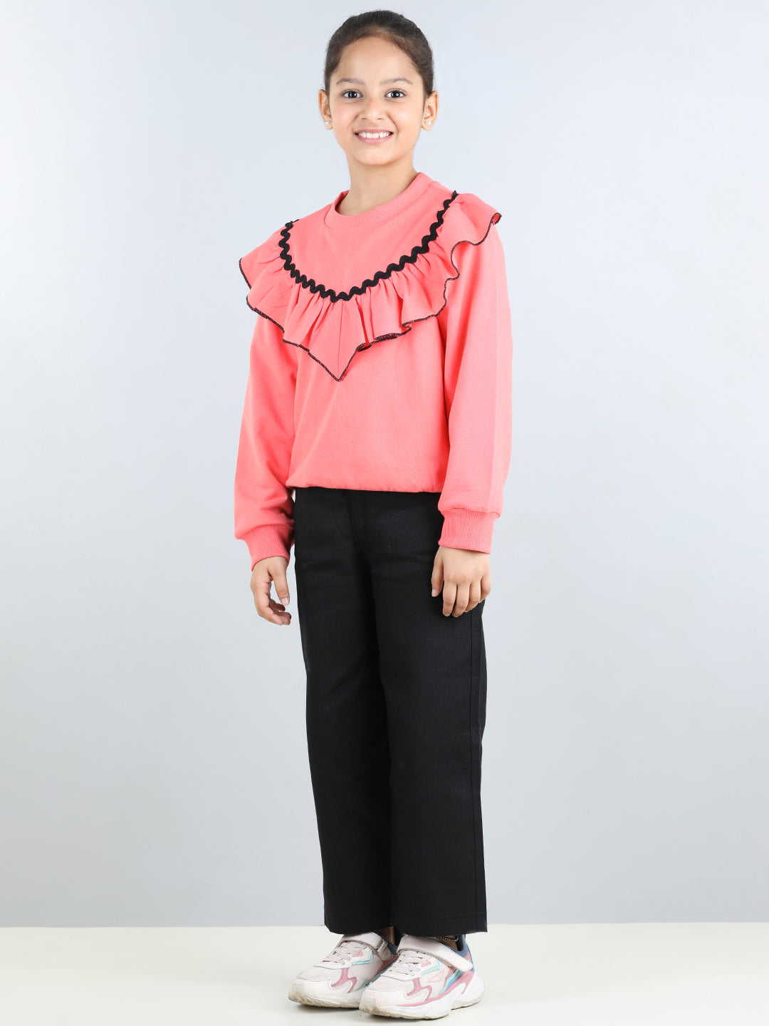 Full Sleeves Frill Detailed & Lace Embellished Autumn Winter Wear Sweatshirt With Side Pockets Lower