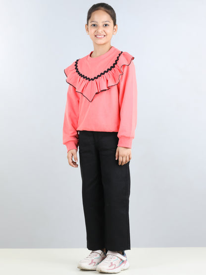 Full Sleeves Frill Detailed & Lace Embellished Autumn Winter Wear Sweatshirt With Side Pockets Lower