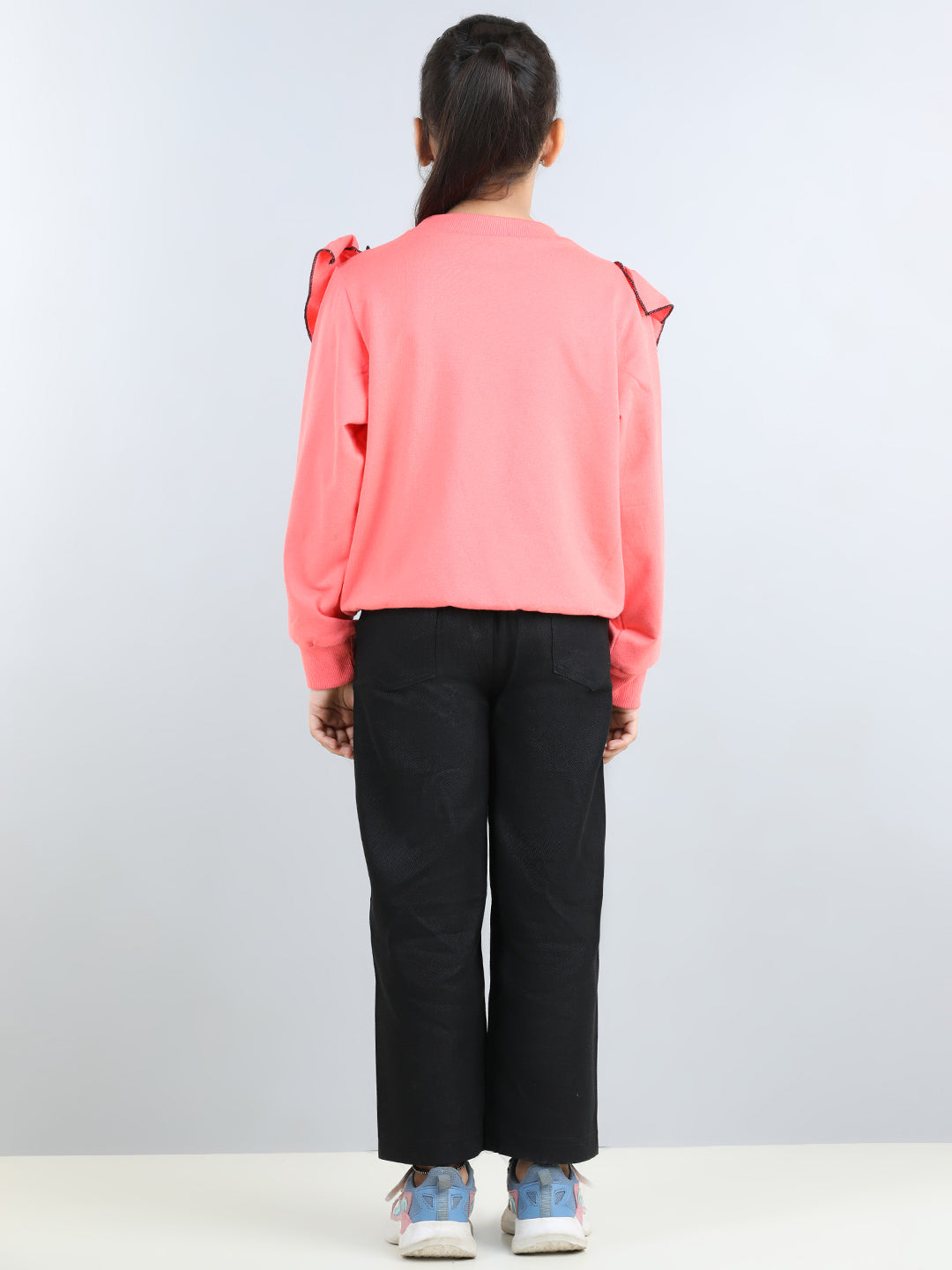 Full Sleeves Frill Detailed & Lace Embellished Autumn Winter Wear Sweatshirt With Side Pockets Lower