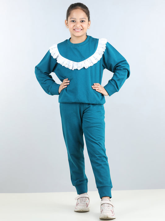 Full Sleeves Frill Detailed & Lace Embellished Autumn Winter Wear Sweatshirt With Side Pockets Lower
