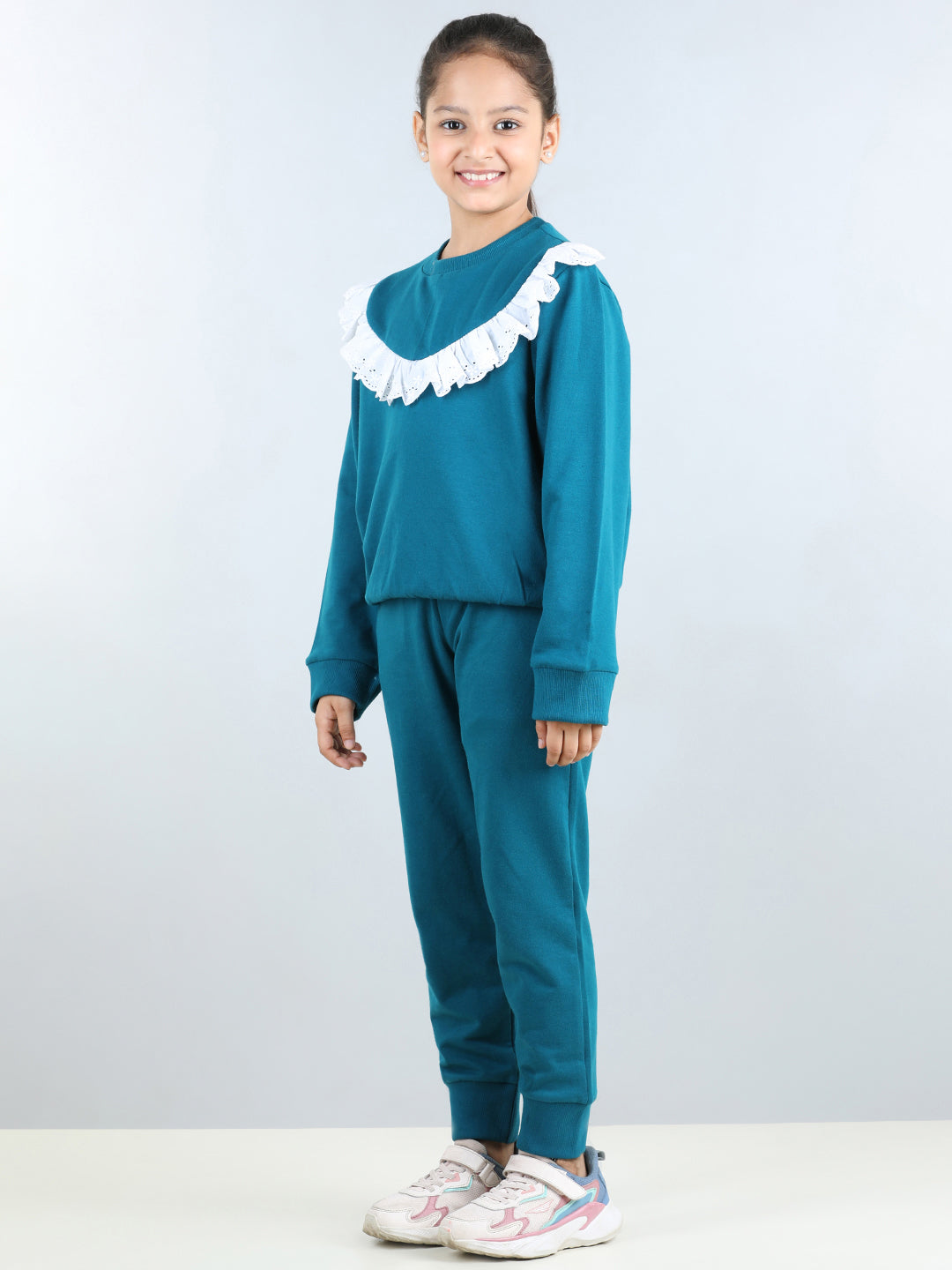 Full Sleeves Frill Detailed & Lace Embellished Autumn Winter Wear Sweatshirt With Side Pockets Lower