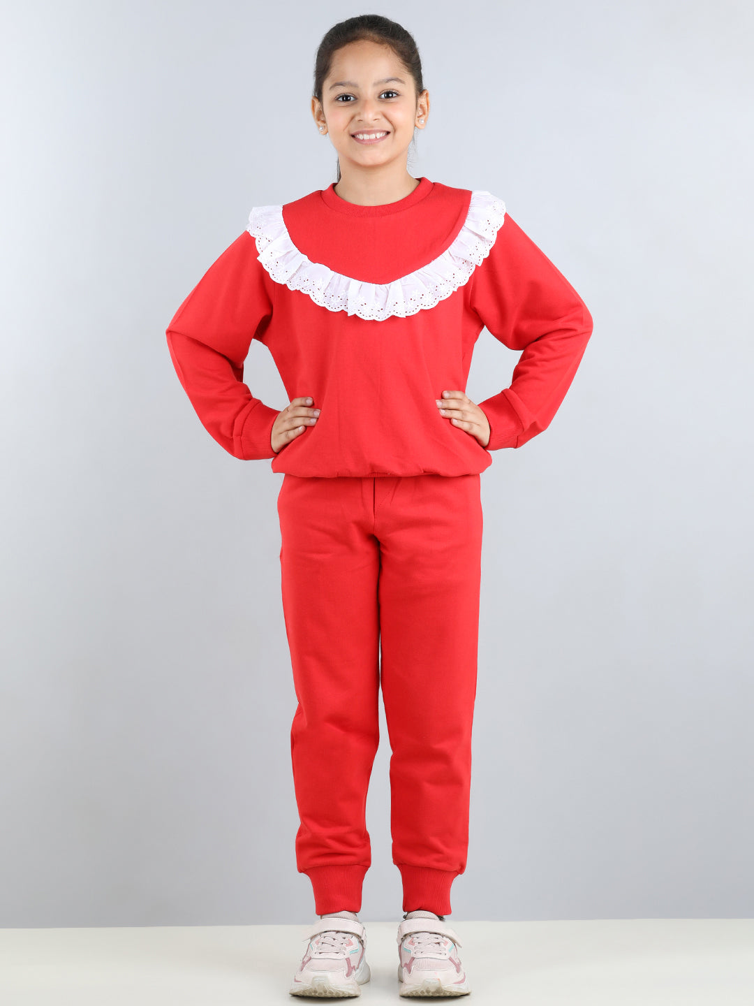 Full Sleeves Frill Detailed & Lace Embellished Autumn Winter Wear Sweatshirt With Side Pockets Lower
