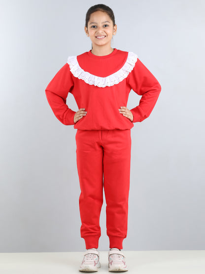 Full Sleeves Frill Detailed & Lace Embellished Autumn Winter Wear Sweatshirt With Side Pockets Lower