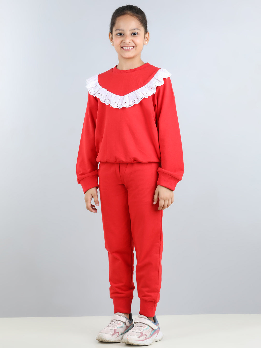 Full Sleeves Frill Detailed & Lace Embellished Autumn Winter Wear Sweatshirt With Side Pockets Lower