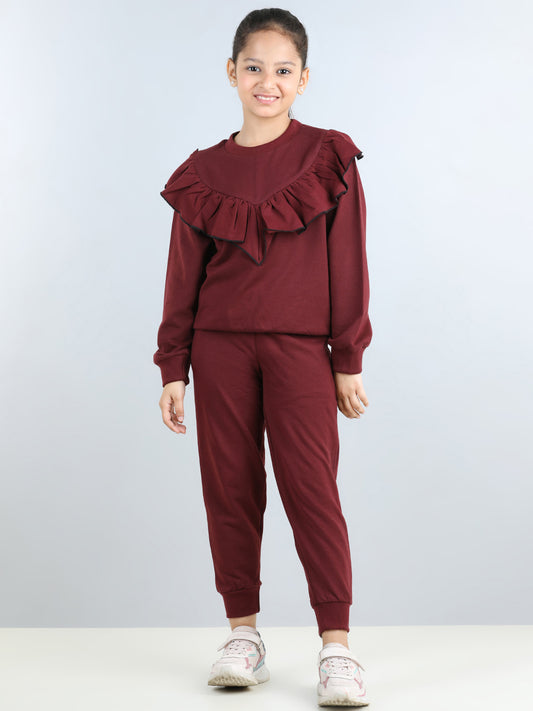 Full Sleeves Frill Detailed Solid Autumn Winter Wear Sweatshirt With Side Pockets Lower