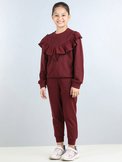 Full Sleeves Frill Detailed Solid Autumn Winter Wear Sweatshirt With Side Pockets Lower
