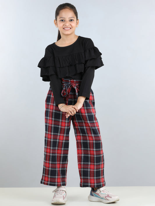 Full Sleeves Layered Frill Detailed Top With Plaid Checked Side Pockets Woollen Pant