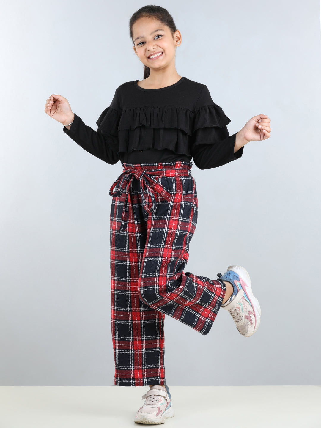 Full Sleeves Layered Frill Detailed Top With Plaid Checked Side Pockets Woollen Pant