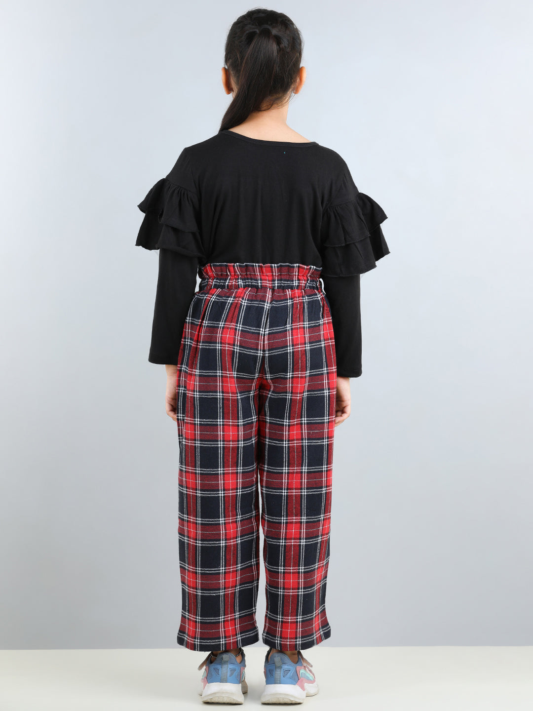 Full Sleeves Layered Frill Detailed Top With Plaid Checked Side Pockets Woollen Pant