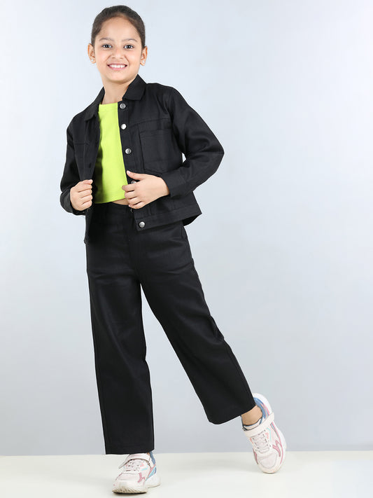 Full Sleeves Solid Front Pockets Jacket & Pant With Crop Top