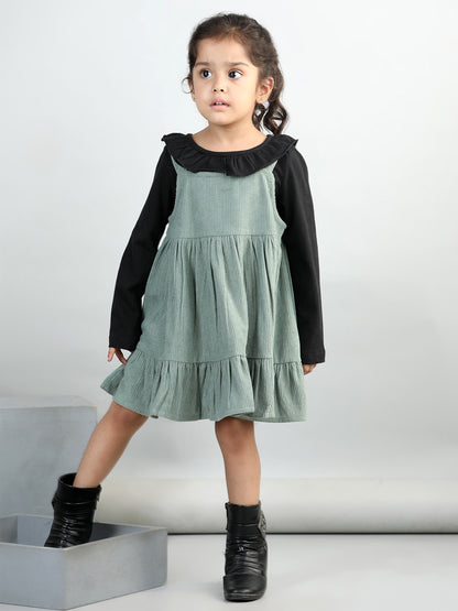 Corduroy Solid Dress With Full Sleeves Ruffle Design Top