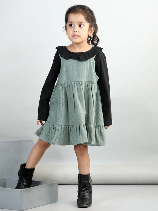 Corduroy Solid Dress With Full Sleeves Ruffle Design Top
