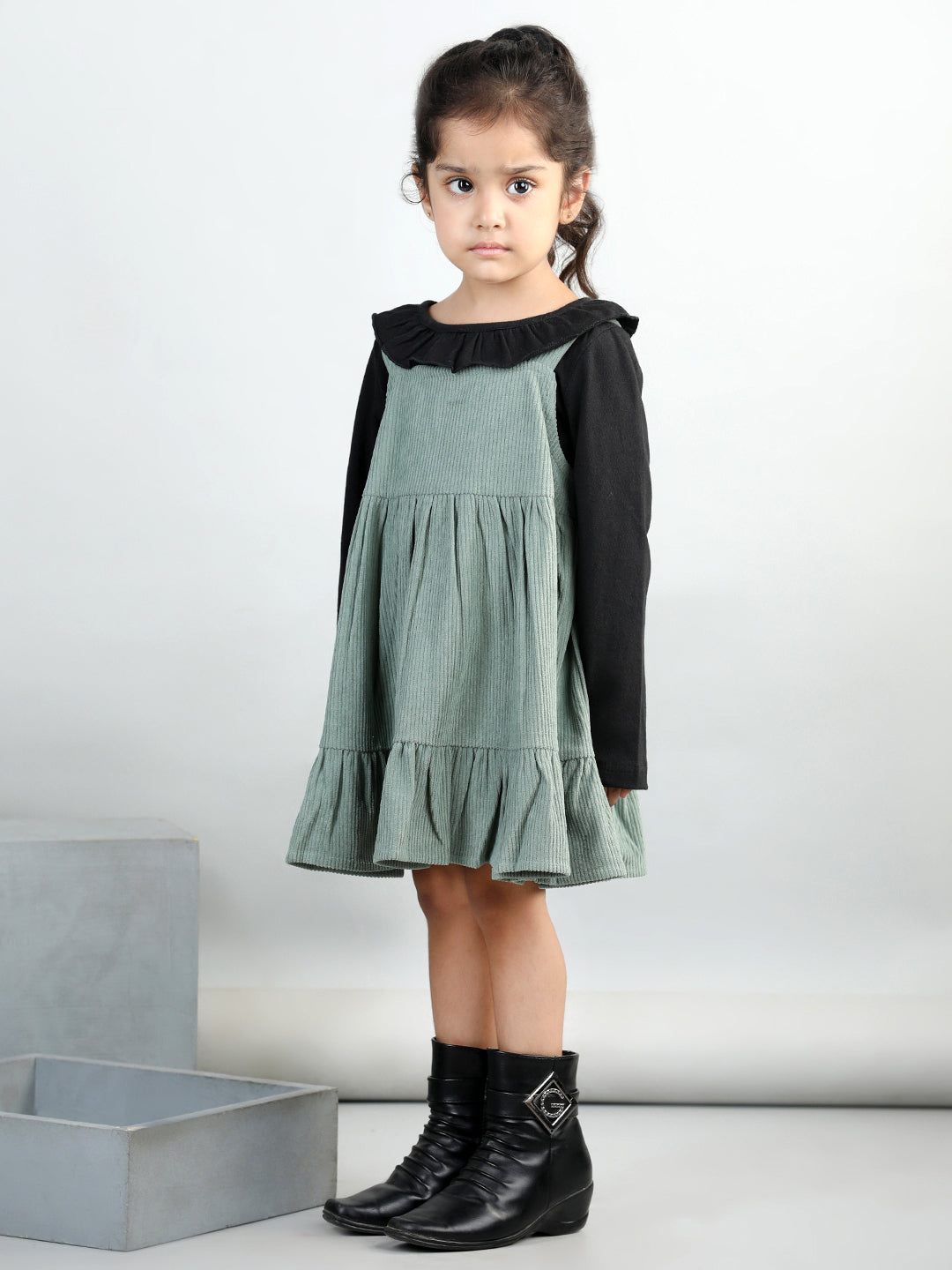 Corduroy Solid Dress With Full Sleeves Ruffle Design Top