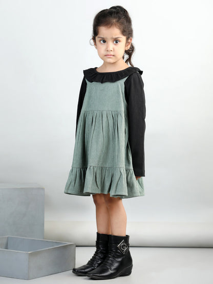 Corduroy Solid Dress With Full Sleeves Ruffle Design Top