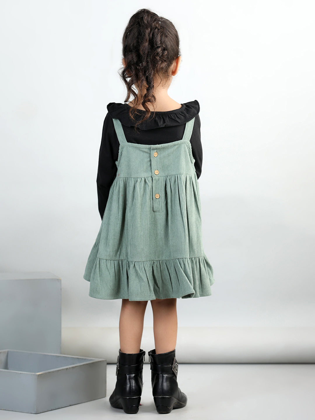 Corduroy Solid Dress With Full Sleeves Ruffle Design Top