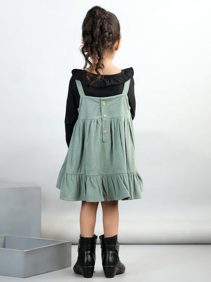 Corduroy Solid Dress With Full Sleeves Ruffle Design Top