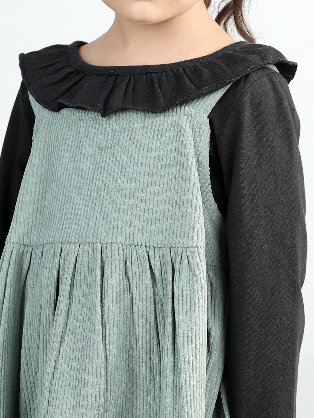 Corduroy Solid Dress With Full Sleeves Ruffle Design Top