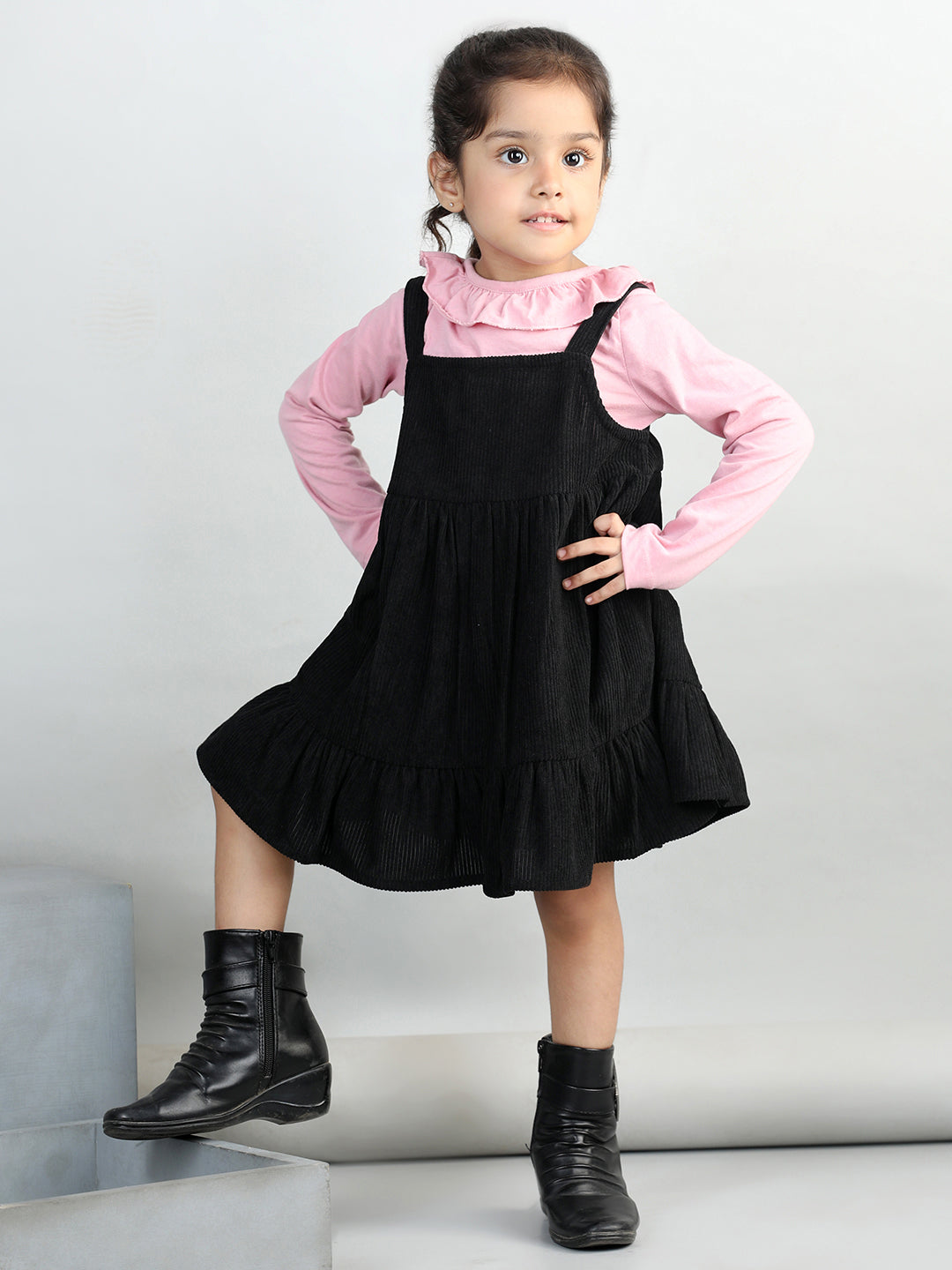 Corduroy Solid Dress With Full Sleeves Ruffle Design Top