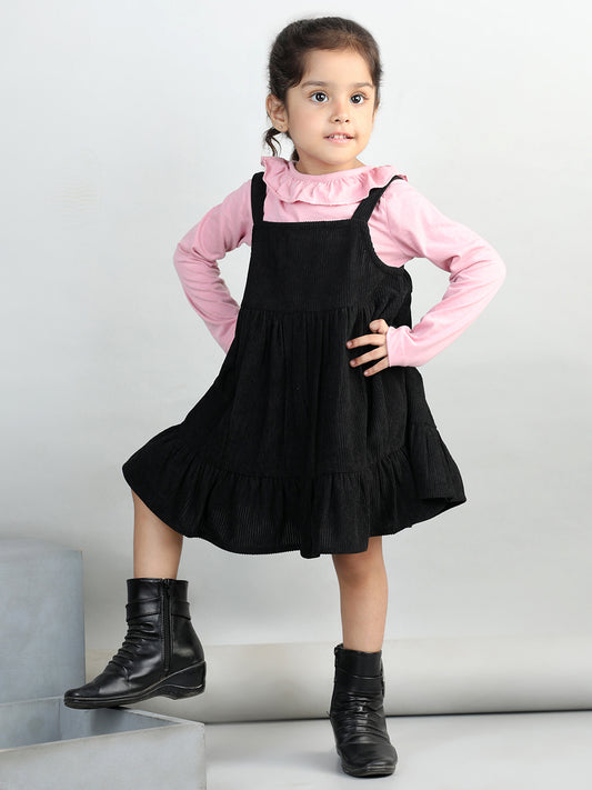 Corduroy Solid Dress With Full Sleeves Ruffle Design Top