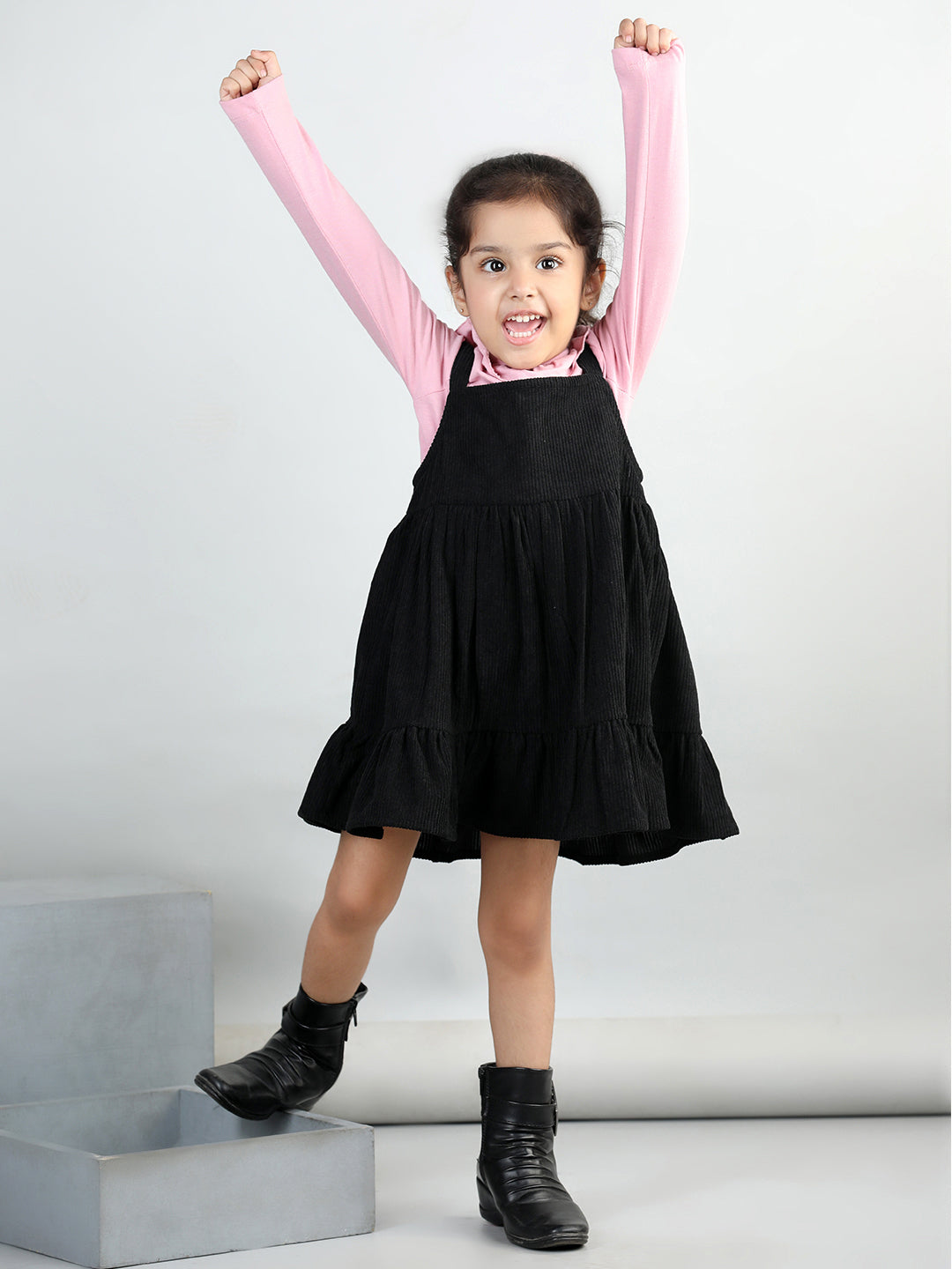 Corduroy Solid Dress With Full Sleeves Ruffle Design Top