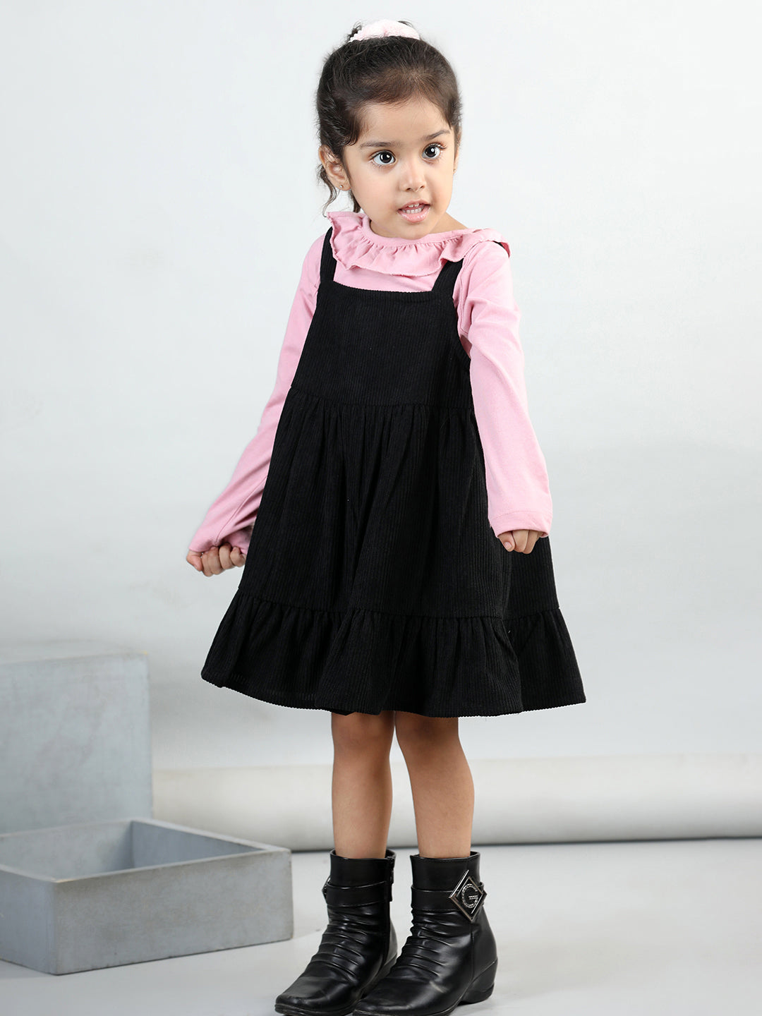 Corduroy Solid Dress With Full Sleeves Ruffle Design Top