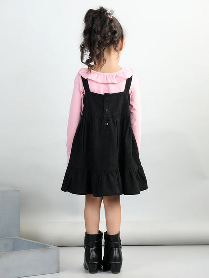 Corduroy Solid Dress With Full Sleeves Ruffle Design Top
