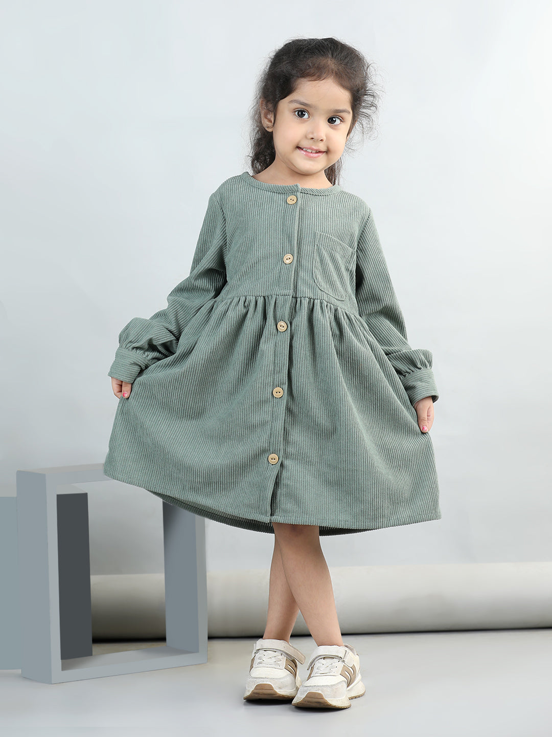 Corduroy Full Sleeves Front Button Side Pocket Solid Dress