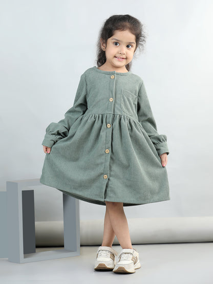 Corduroy Full Sleeves Front Button Side Pocket Solid Dress