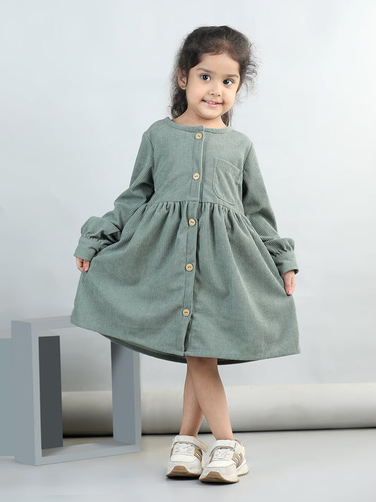 Corduroy Full Sleeves Front Button Side Pocket Solid Dress