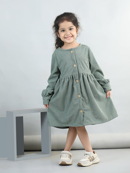 Corduroy Full Sleeves Front Button Side Pocket Solid Dress