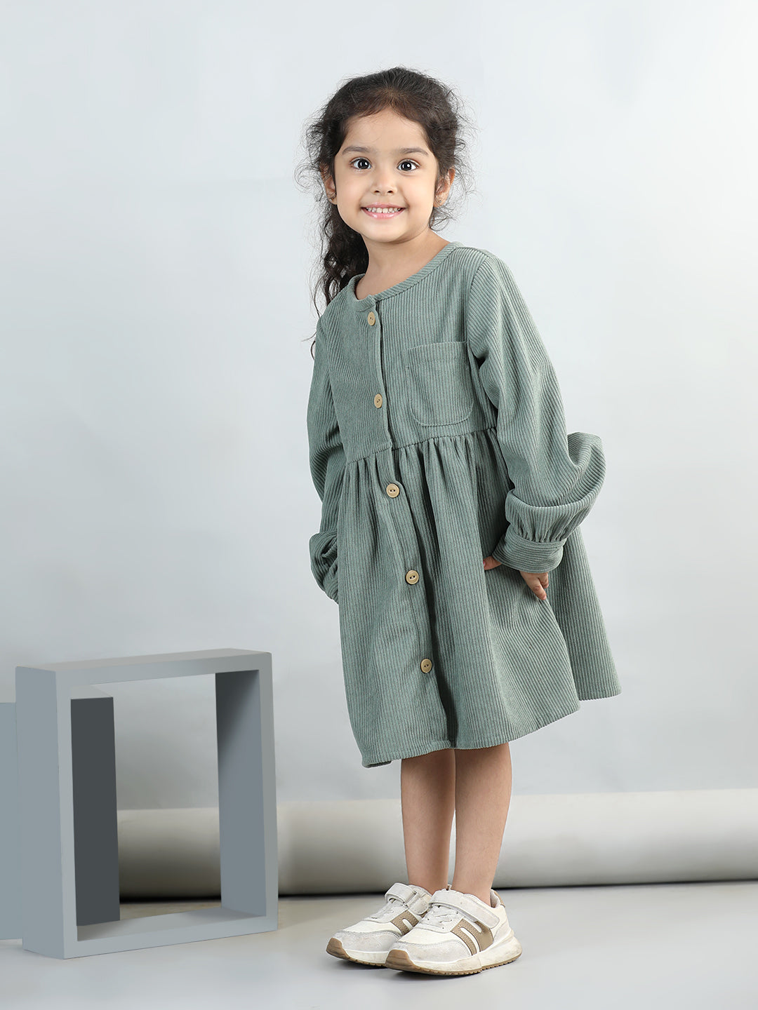Corduroy Full Sleeves Front Button Side Pocket Solid Dress