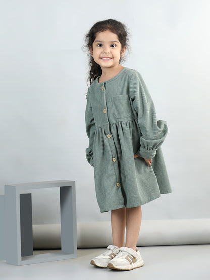 Corduroy Full Sleeves Front Button Side Pocket Solid Dress