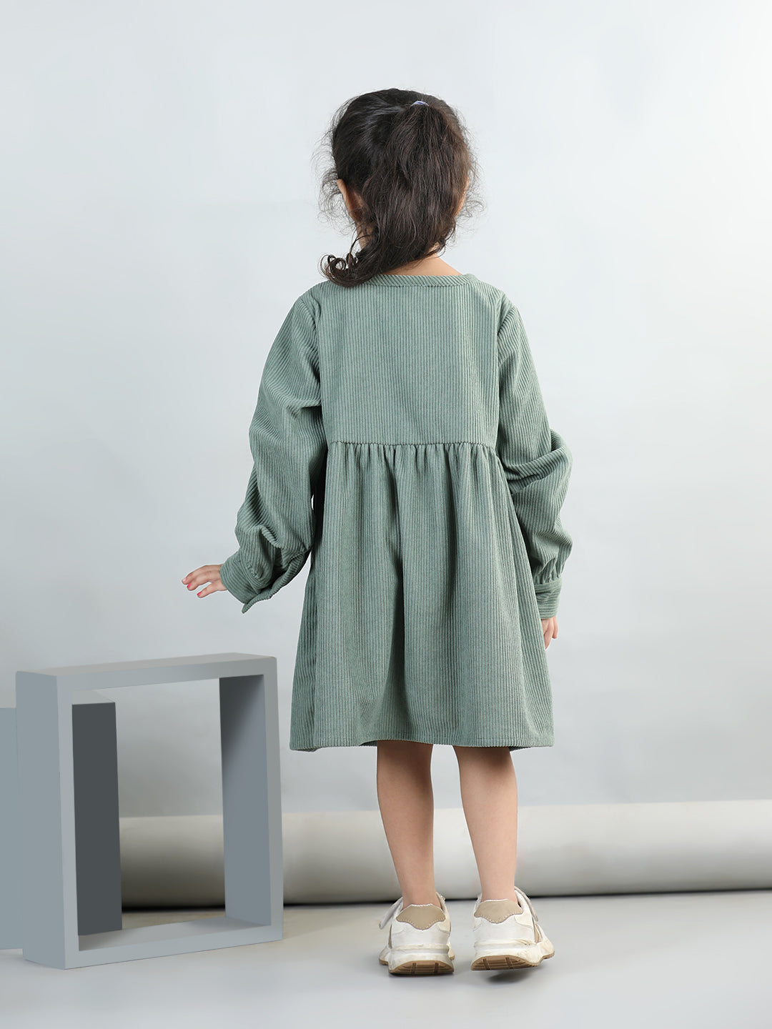Corduroy Full Sleeves Front Button Side Pocket Solid Dress