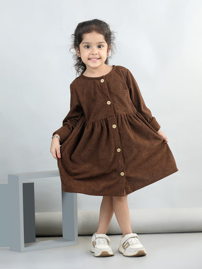 Corduroy Full Sleeves Front Button Side Pocket Solid Dress