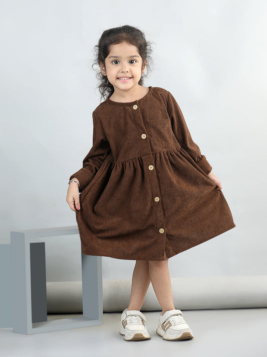 Corduroy Full Sleeves Front Button Side Pocket Solid Dress