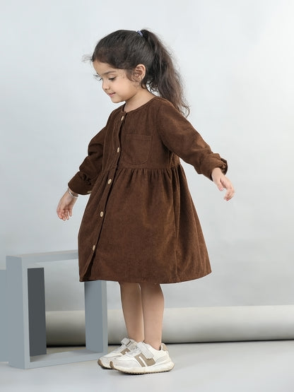Corduroy Full Sleeves Front Button Side Pocket Solid Dress
