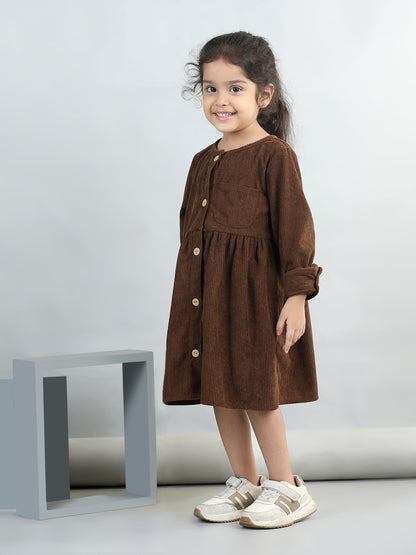 Corduroy Full Sleeves Front Button Side Pocket Solid Dress