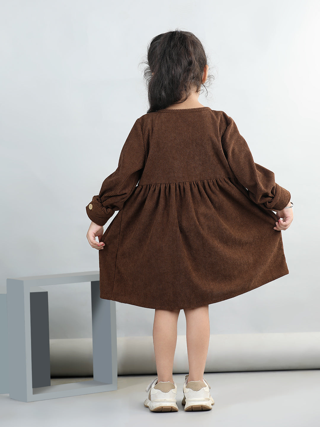 Corduroy Full Sleeves Front Button Side Pocket Solid Dress