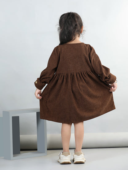 Corduroy Full Sleeves Front Button Side Pocket Solid Dress
