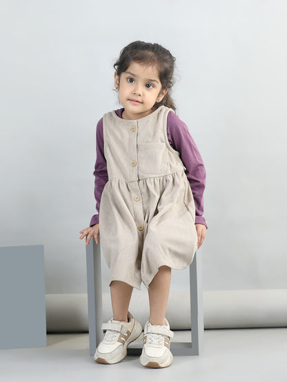 Corduroy Solid Dress With Full Sleeves Top