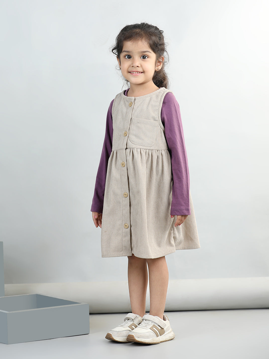 Corduroy Solid Dress With Full Sleeves Top