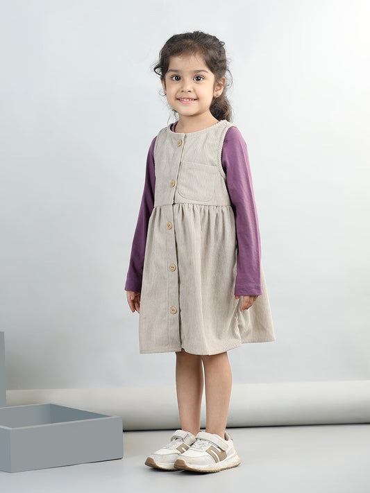 Corduroy Solid Dress With Full Sleeves Top