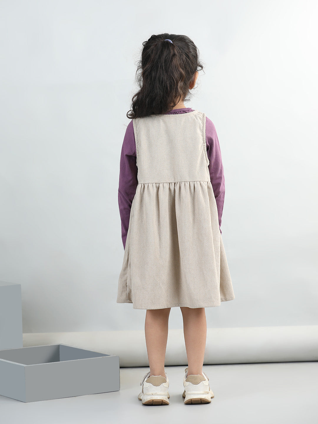 Corduroy Solid Dress With Full Sleeves Top