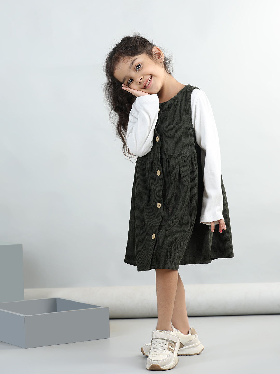 Corduroy Solid Dress With Full Sleeves Top
