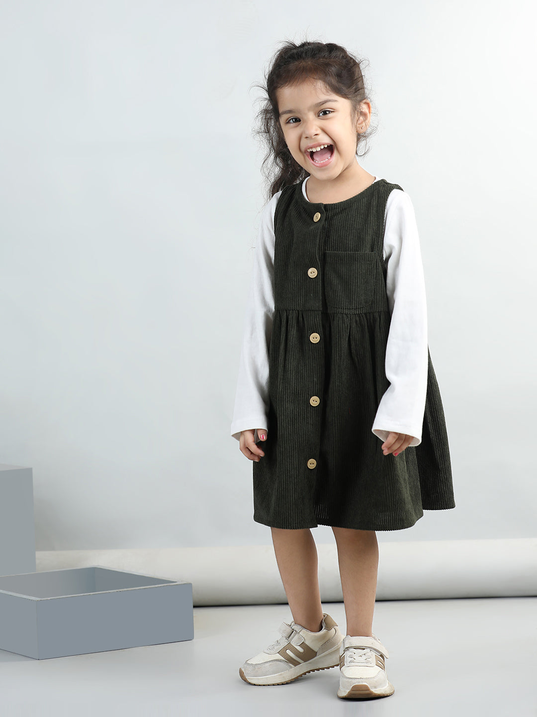 Corduroy Solid Dress With Full Sleeves Top