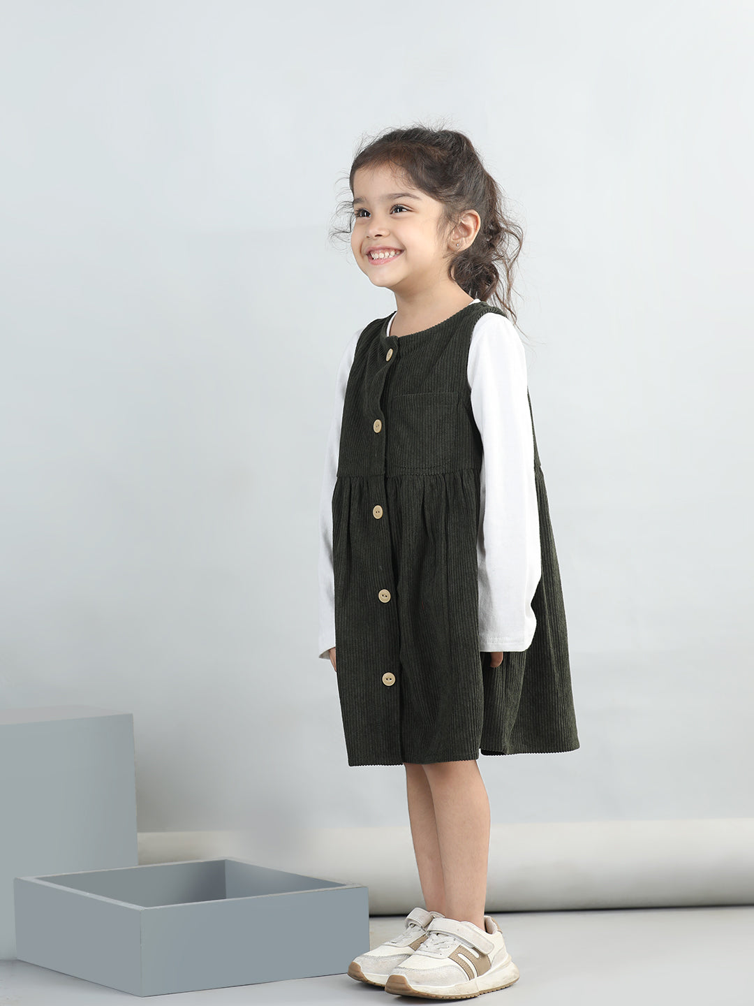 Corduroy Solid Dress With Full Sleeves Top